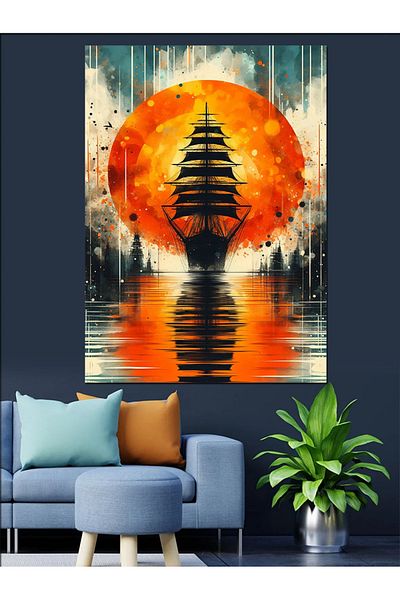 Tablomega Ship on Sunset Decorative Canvas - Mdf Wooden Painting