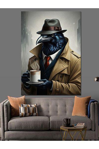 Tablomega Detective Crow Drinking Coffee Decorative Canvas - Mdf Wooden Painting