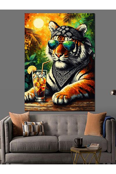 Tablomega Tiger Drinking Cocktail While Sunbathing Decorative Canvas - Mdf Wooden Table