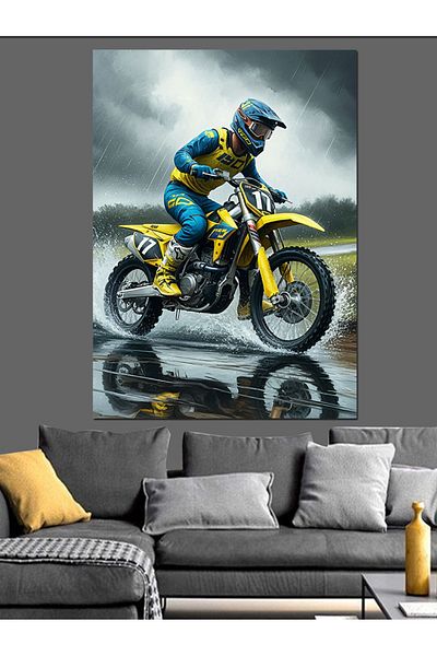 Tablomega Rainy Motocross Decorative Canvas - Mdf Wooden Painting