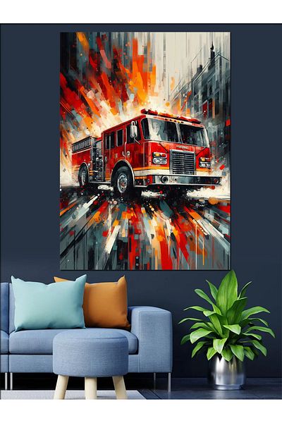 Tablomega Fire Truck in Flames Decorative Canvas - Mdf Wooden Painting
