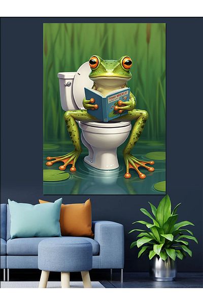 Tablomega Frog Reading a Book in the Toilet Decorative Canvas - Mdf Wooden Painting