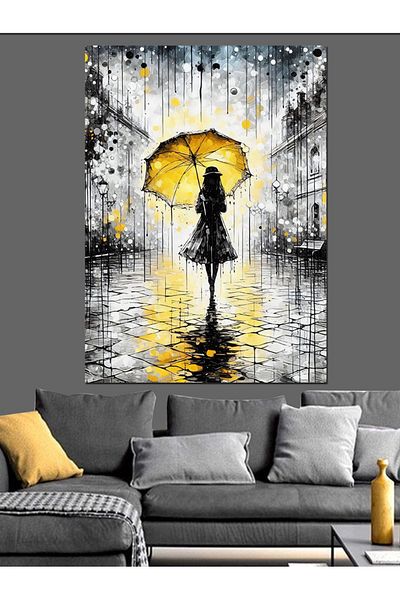 Tablomega Woman with Yellow Umbrella Decorative Canvas - Mdf Wooden Painting