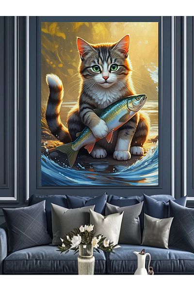 Tablomega Cat Holding a Fish Decorative Canvas - Mdf Wooden Painting