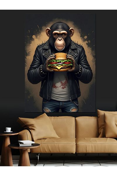 Tablomega Maimuță care ține un burger Pânză decorativă - Lemn MDF