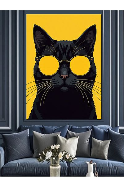 Tablomega Black Cat with Glasses Decorative Canvas - Mdf Wooden Painting