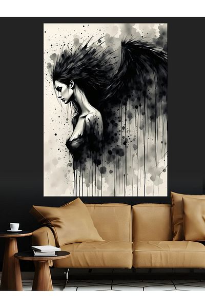 Tablomega Woman with Black Wings Decorative Canvas - Mdf Wooden Painting