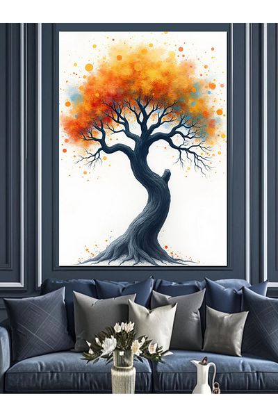 Tablomega Orange Leaf Tree Decorative Canvas - Mdf Wooden Table