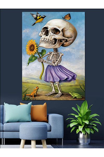 Tablomega Skull and Sunflower Decorative Canvas - Mdf Wooden Painting