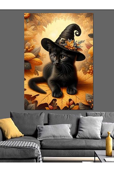 Tablomega Cat Wearing a Witch Hat Decorative Canvas - Mdf Wooden Painting