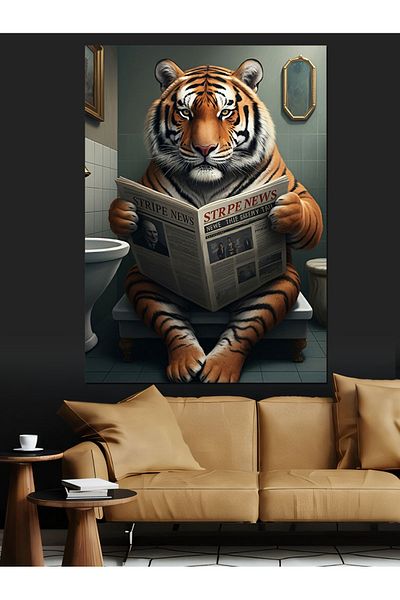 Tablomega Tiger Reading Newspaper in the Toilet Decorative Canvas - Mdf Wooden Painting