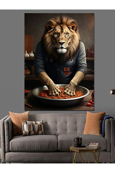 Tablomega Lion Making Raw Meatballs Decorative Canvas - Mdf Wooden Painting