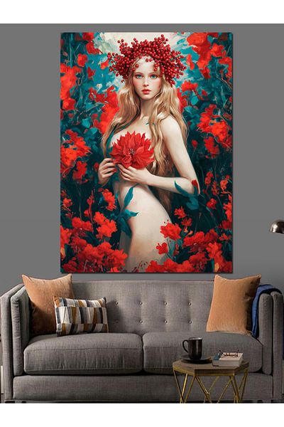 Tablomega Woman Decorative Canvas Framed with Red Flowers - Mdf Wooden Painting