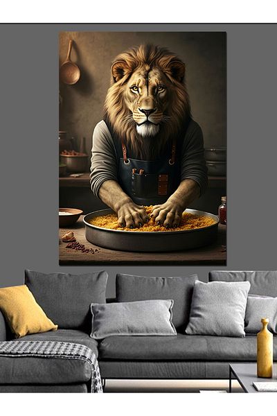 Tablomega Lion Chef Making Raw Meatballs Decorative Canvas - Mdf Wooden Painting