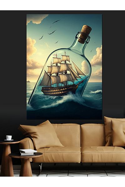 Tablomega Sailing Ship in a Bottle Decorative Canvas - Mdf Wood Table