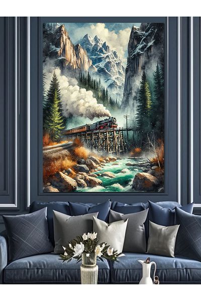 Tablomega Train in the Mountains Decorative Canvas - Mdf Wooden Painting