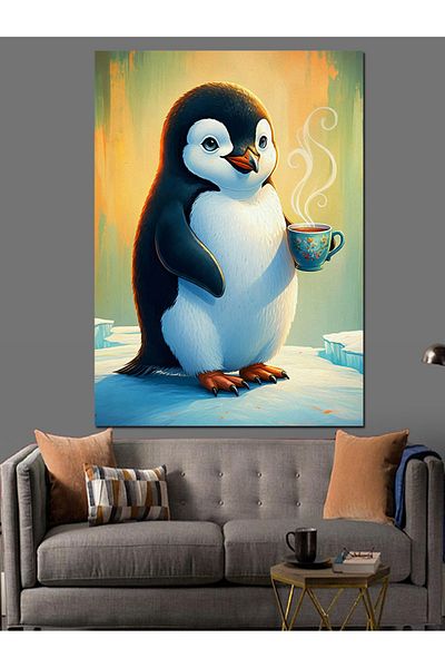 Tablomega Pinguin băutând cafea Pânză decorativă - Lemn MDF