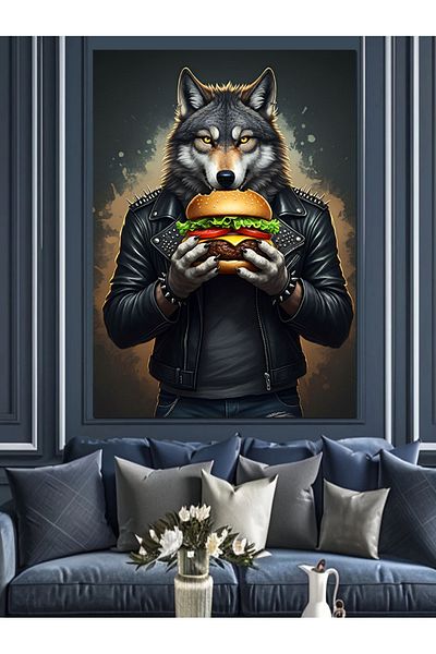 Tablomega Wolf Holding a Burger Decorative Canvas - Mdf Wooden Painting
