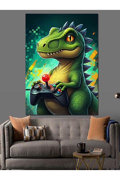 Tablomega Dinozaur care ține Joystick Pânză Decorativă - Lemn MDF