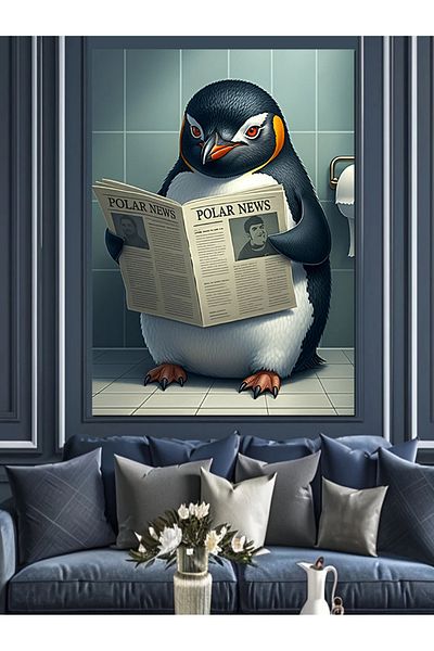 Tablomega Penguin Reading Newspaper Decorative Canvas - Mdf Wooden Painting