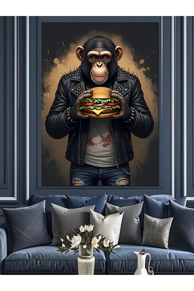 Tablomega Maimuță care ține un burger Pânză decorativă - Lemn MDF
