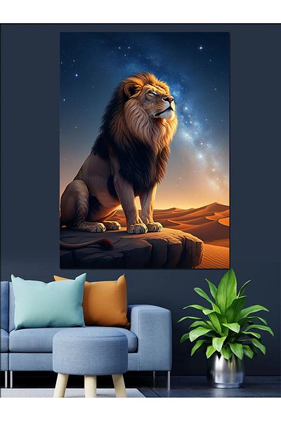 Tablomega Lion Decorativ Canvas în Peisajul de Seară - Lemn MDF