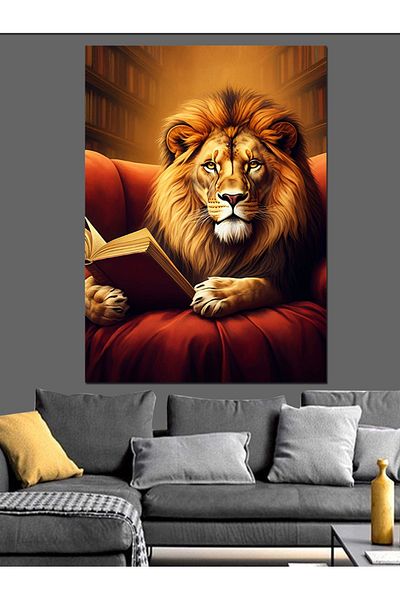 Tablomega Lion pe canapea roșie Pânză decorativă - Lemn MDF Pictat
