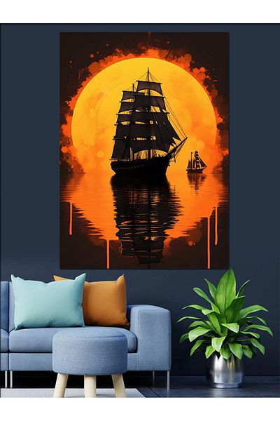 Tablomega Διακοσμητικός καμβάς Sunset Ship - Ξύλινος πίνακας MDF