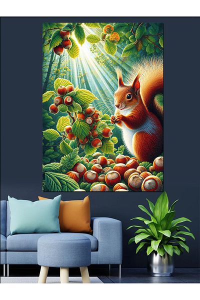 Tablomega Squirrel Collecting Nuts on Tree Decorative Canvas - Mdf Wooden Painting