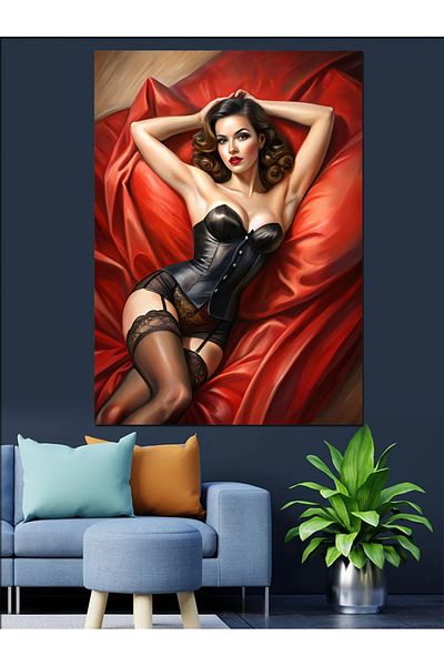 Tablomega Red Curtain and Woman Decorative Canvas - Mdf Wooden Table