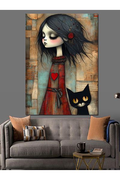 Tablomega Gothic Woman and Cat Decorative Canvas - Mdf Wooden Painting
