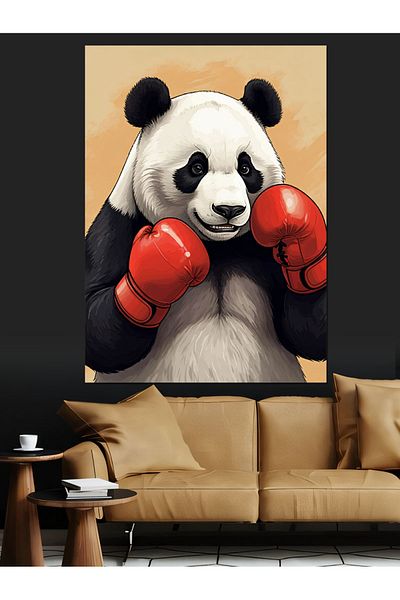 Tablomega Panda Decorative Canvas with Boxing Gloves - Mdf Wood Painting