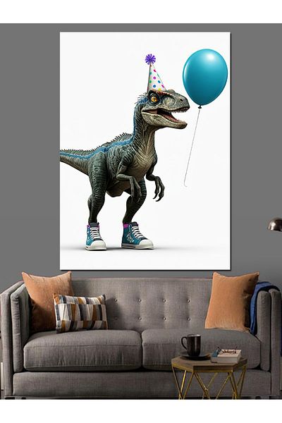 Tablomega Dinosaur Decorative Canvas with Party Hat - Mdf Wooden Painting
