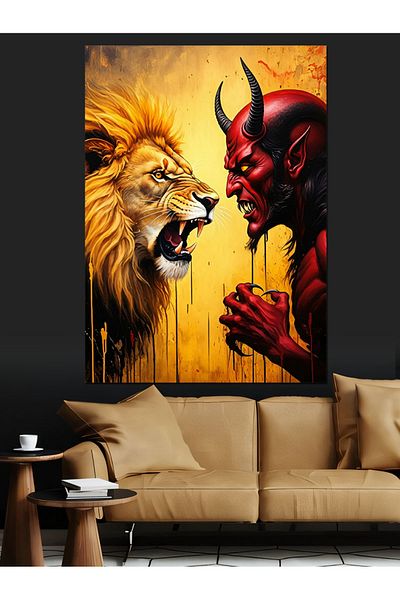 Tablomega Lion and Angry Demon Decorative Canvas - Mdf Wooden Painting