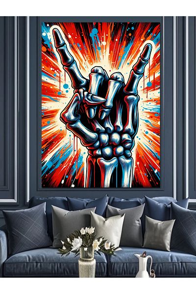 Tablomega Skeleton Pointing Rock Sign Decorative Canvas - Mdf Wooden Painting