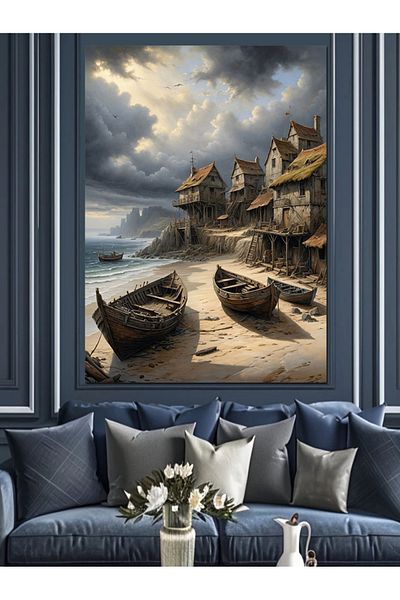 Tablomega Fishing Town and Boats Decorative Canvas - Mdf Wooden Painting