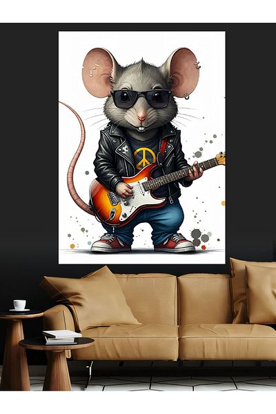 Tablomega Mouse Playing Guitar Decorative Canvas - Mdf Wooden Painting