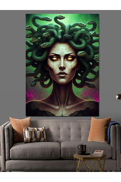 Tablomega Medusa Decorative Canvas with Stone - Mdf Wooden Table