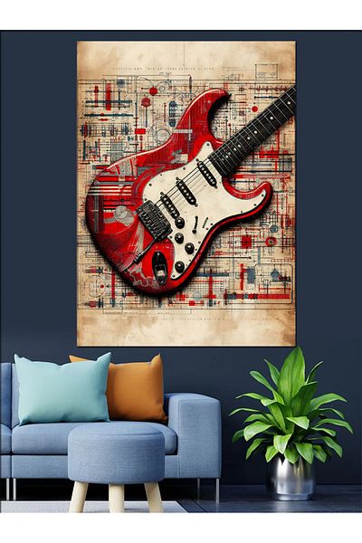 Tablomega Red Guitar Poster Decorative Canvas - Mdf Wooden Painting