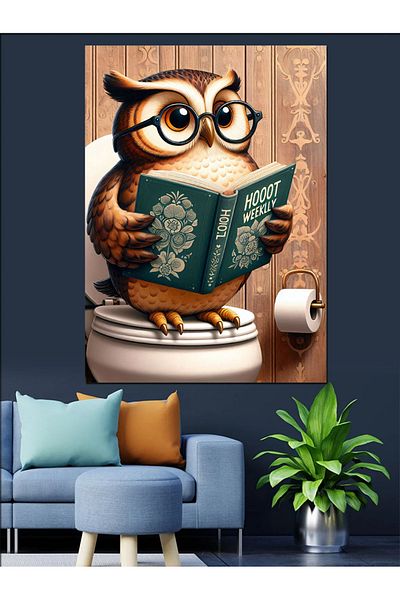 Tablomega Owl on the Toilet Decorative Canvas - Mdf Wooden Painting