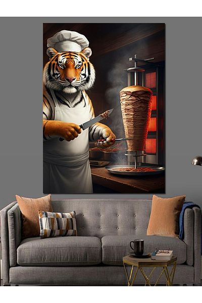Tablomega Rotary When Tiger Decorative Canvas - Mdf Wooden Table