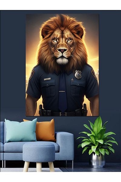 Tablomega Police Lion Decorative Canvas - Mdf Wooden Painting
