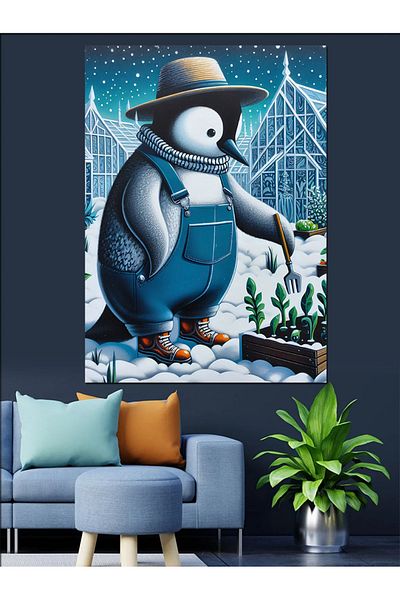 Tablomega Farmer Penguin Decorative Canvas - Mdf Wooden Painting