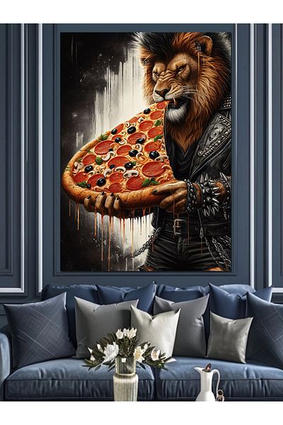Tablomega Lion Eating Pizza Decorative Canvas - Mdf Wooden Table