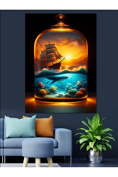 Tablomega Ship in a Glass Jar Decorative Canvas - Mdf Wooden Table