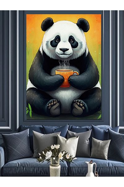 Tablomega Panda Drinking Coffee Decorative Canvas - Mdf Wooden Table