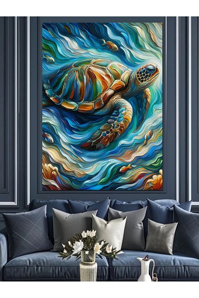 Tablomega Sea Turtle Decorative Canvas Covered with Waves - Mdf Wooden Painting