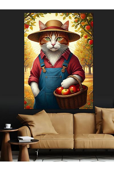 Tablomega Cat Holding an Apple in the Basket Decorative Canvas - Mdf Wooden Painting