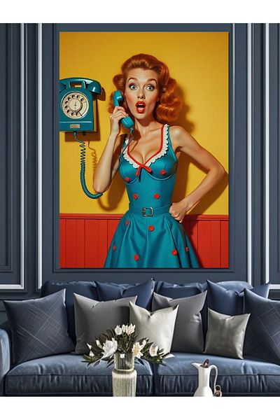 Tablomega Woman in Blue Dress Decorative Canvas on the Phone - Mdf Wooden Painting