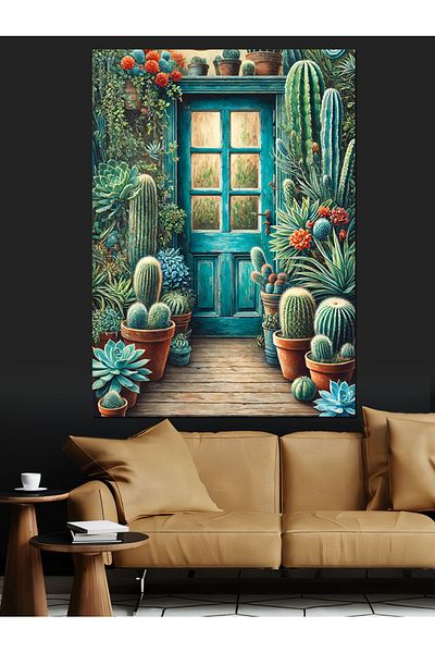 Tablomega Blue Door Decorative Canvas with Cactus - Mdf Wooden Painting